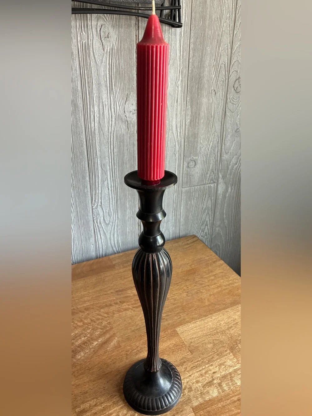 Vintage like Red Taper Candle with Black Metal Candlestick   Very heavy